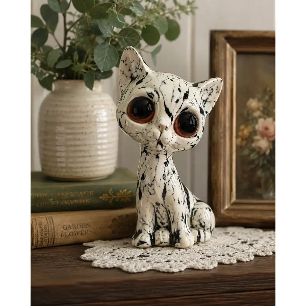 Vintage Big Eye Cat Figurine Black White Ceramic 7in Hairline Crack